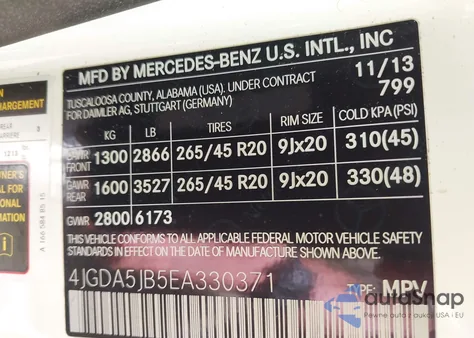 2014 Mercedes-Benz Ml 350 from USA, damaged, VIN 4JGDA5JB5EA330371